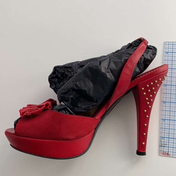 Report Red leather and Suede Studded Slingback Platform Heels - Picture 4 of 10